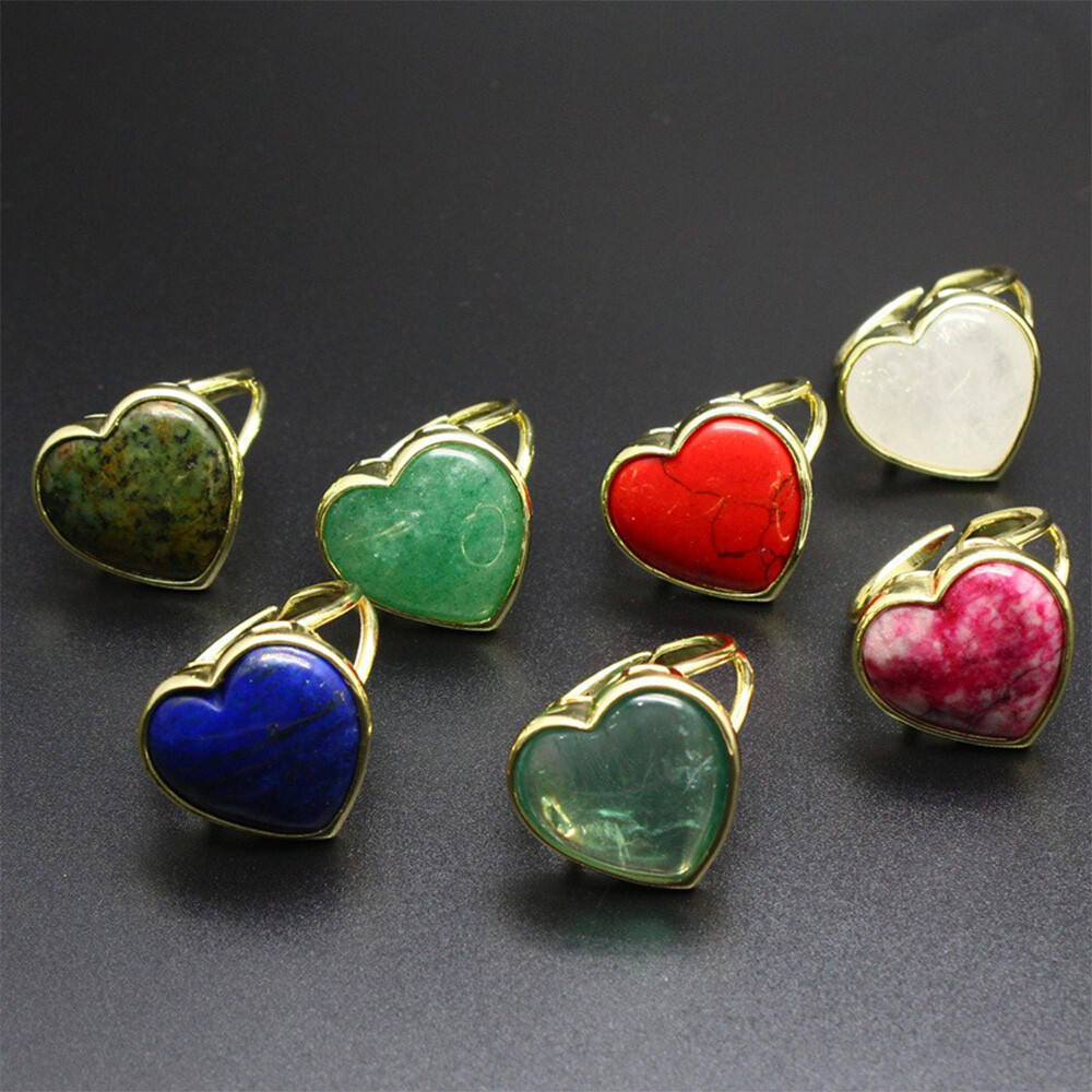 1pc Chakra Love Heart Crystal Rings Gemstone Quartz Bead Jewerly Gift Adjustable
