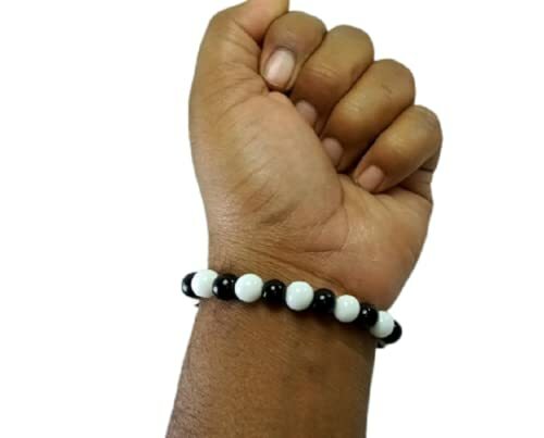 Black & White Smooth Round Gemstone Beads Elastic Cord Bracelet 8 mm size
