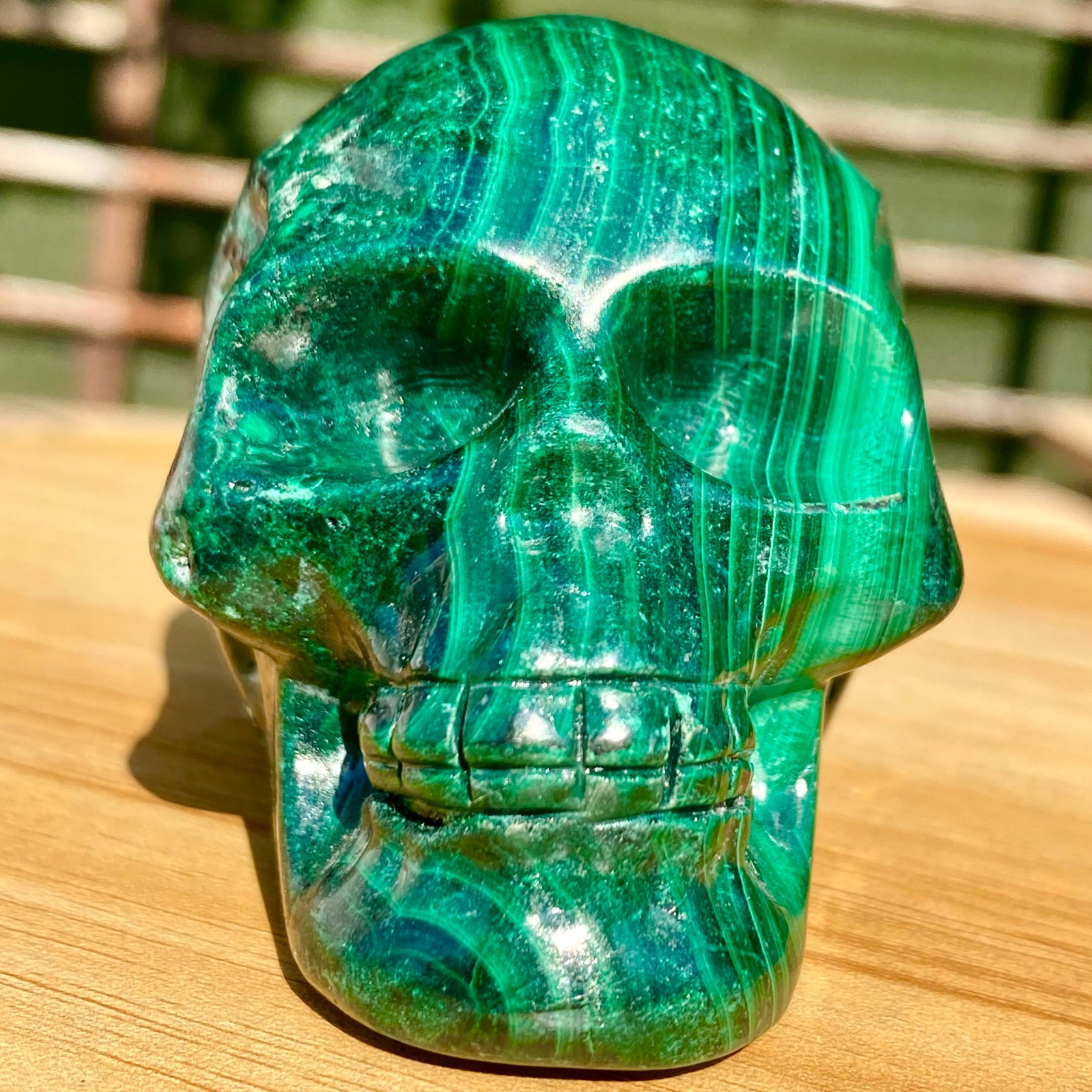 391G Malachite Crystal Skull, Hand Carved Gemstone Fine Art Sculpture