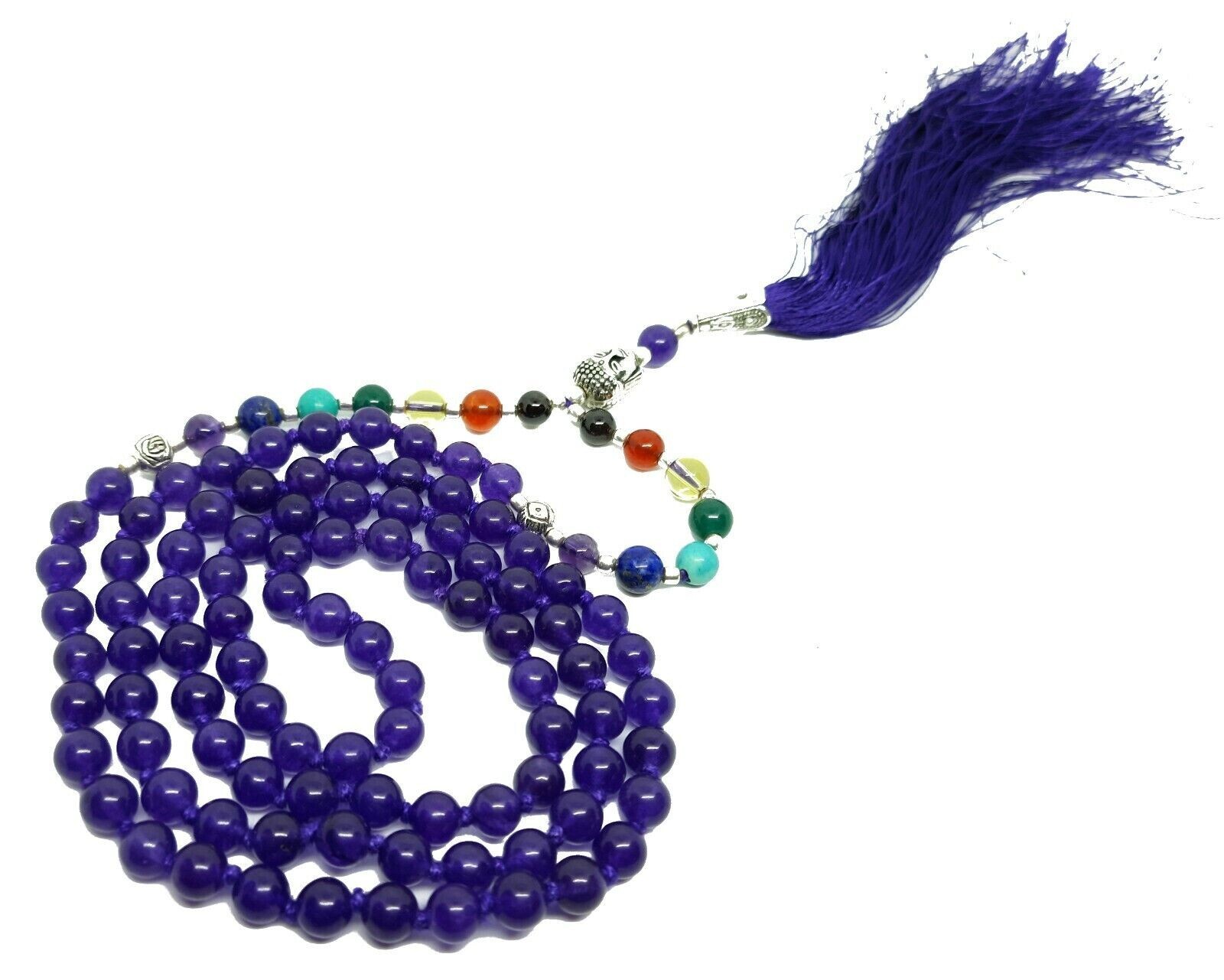 Blue Agate Necklace With 7 Chakra Crystal Mala 200% Real Agate Stone
