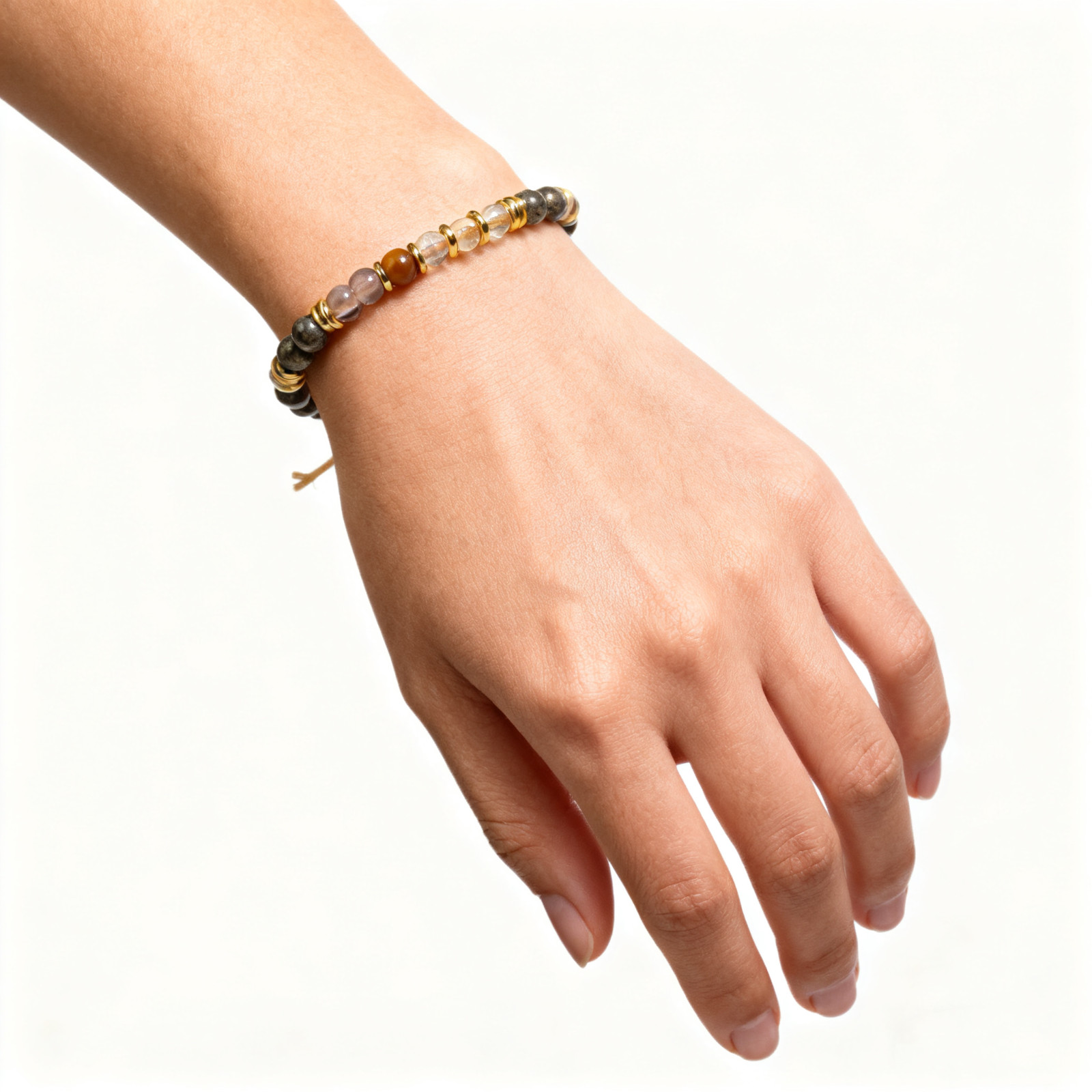 Natural Gemstone Healing Bracelet, Citrine Smoky Quartz Tiger Eye Pyrite, Energy