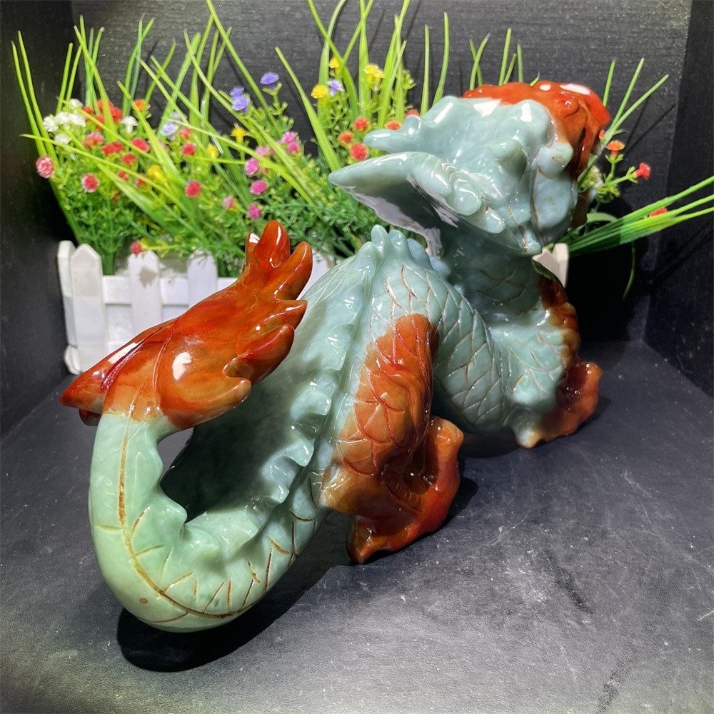 7.4LB 11″ Natural Xiuyan Jade Dragon Decor Crystal Healing Energy Carving Statue