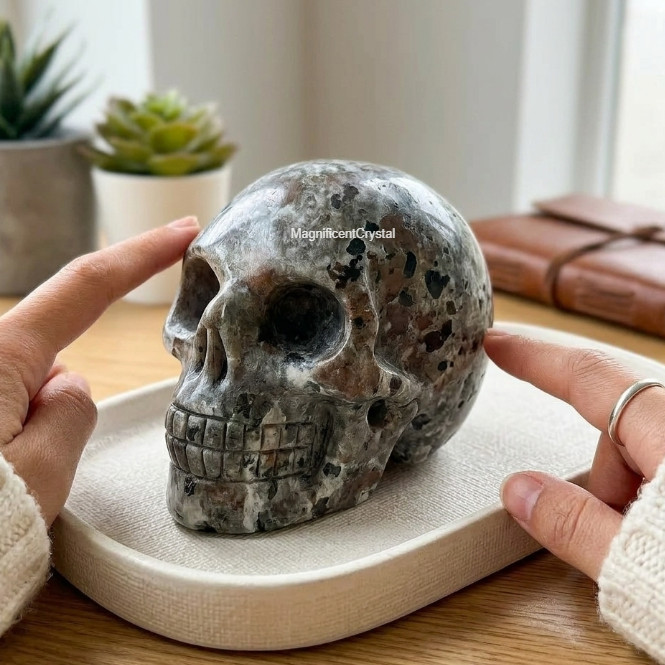 Natural Yooperlite Carved Skull Crystal Figurine UV Reactive Flame Effect 2in