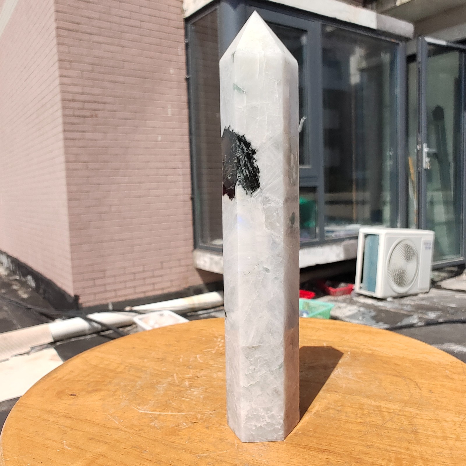 489g Large White Rainbow Moonstone Crystal Obelisk Tower Point Quartz Healing