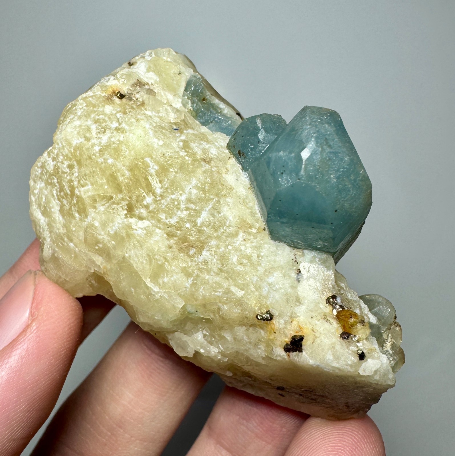78 Grams Full Terminated Top Fluorescent Sky Blue Afghanite Crystals On Calcite