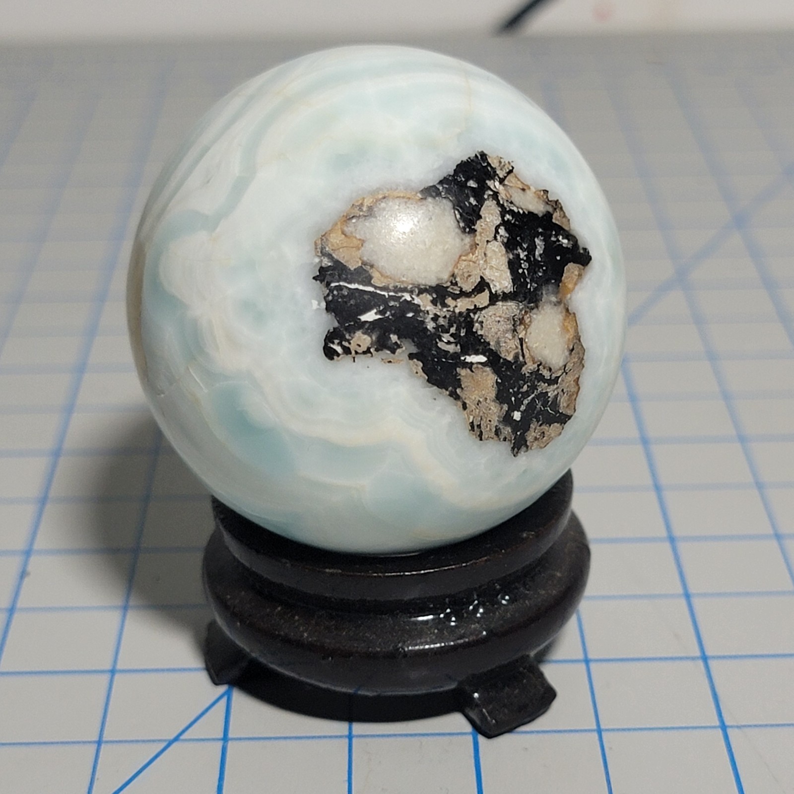 50mm Natural Dominican Larimar Polished Sphere w/Matrix Wooden Stand Included