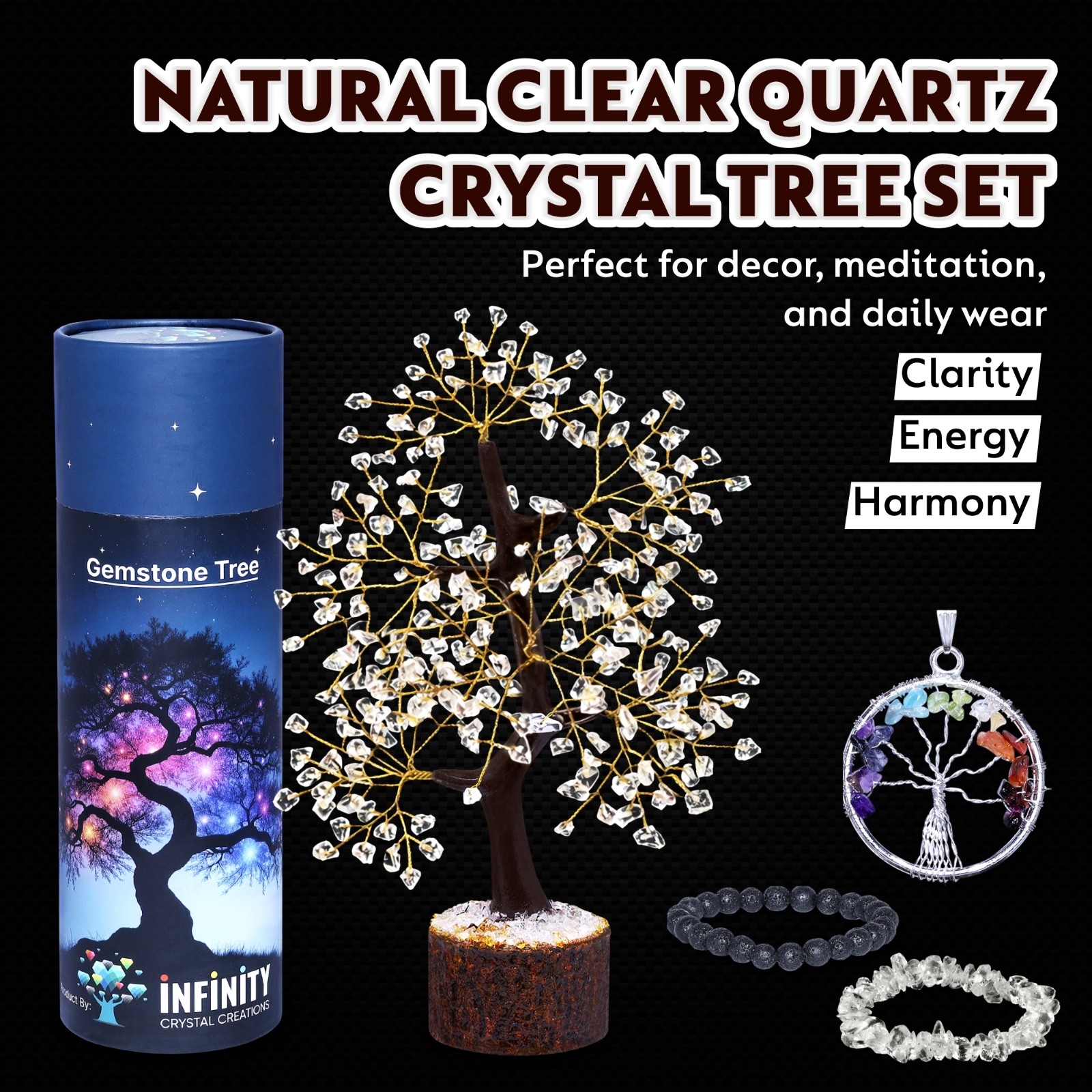 Clear Quartz Tree Kit 300 Beads Gemstone Bonsai Gold Wire Bracelets Pendant Set.
