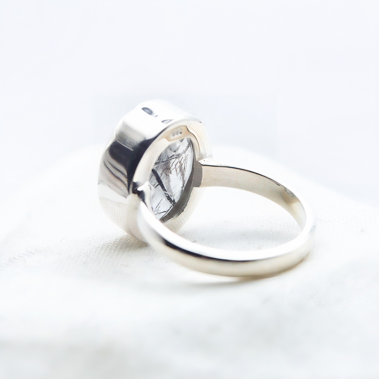 Black Tourmaline Quartz Sterling Silver Ring Natural Crystal UK Size P US Size 8