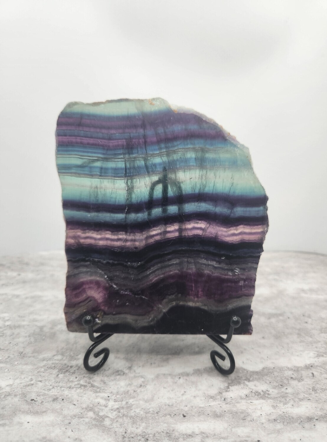 Colorful Rainbow Fluorite Freeform Slab Crystal with Black Metal Stand