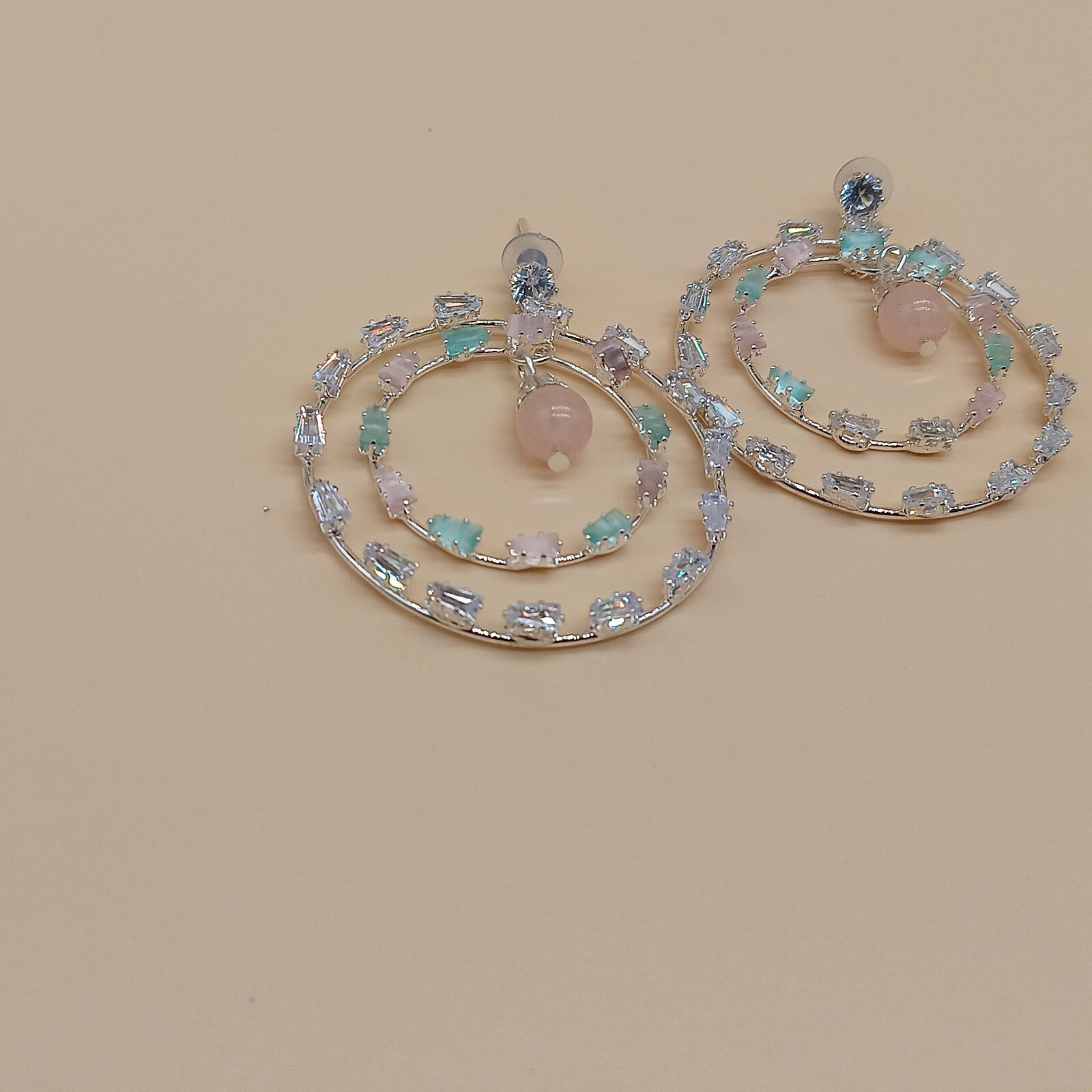 Statement Dual Hoop Earrings with Soft Pastel Stones