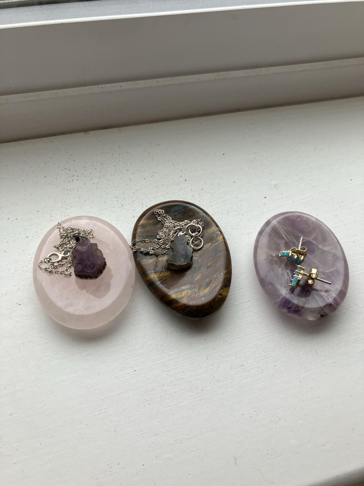 Crystal Worry Stones. Pink And Purple Quartz And Tigers Eye. Set Of 3