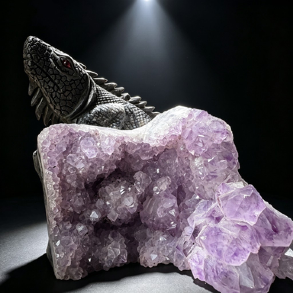 Natural Amethyst Cluster Lizard Sculpture Hand Carved Crystal Collectible Art