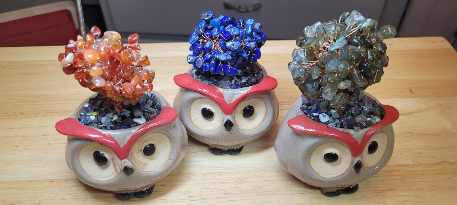 3 Stone Trees/Ceramic Owls/Labradorite/Carnelian/Lapis Lazuli