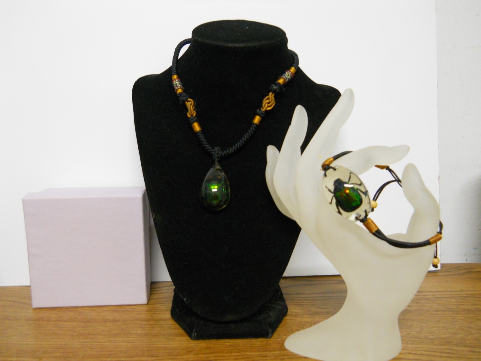 Matching Sizeable Necklace & Bracelet Fossil Beetle in Resin Jewelry Set #746