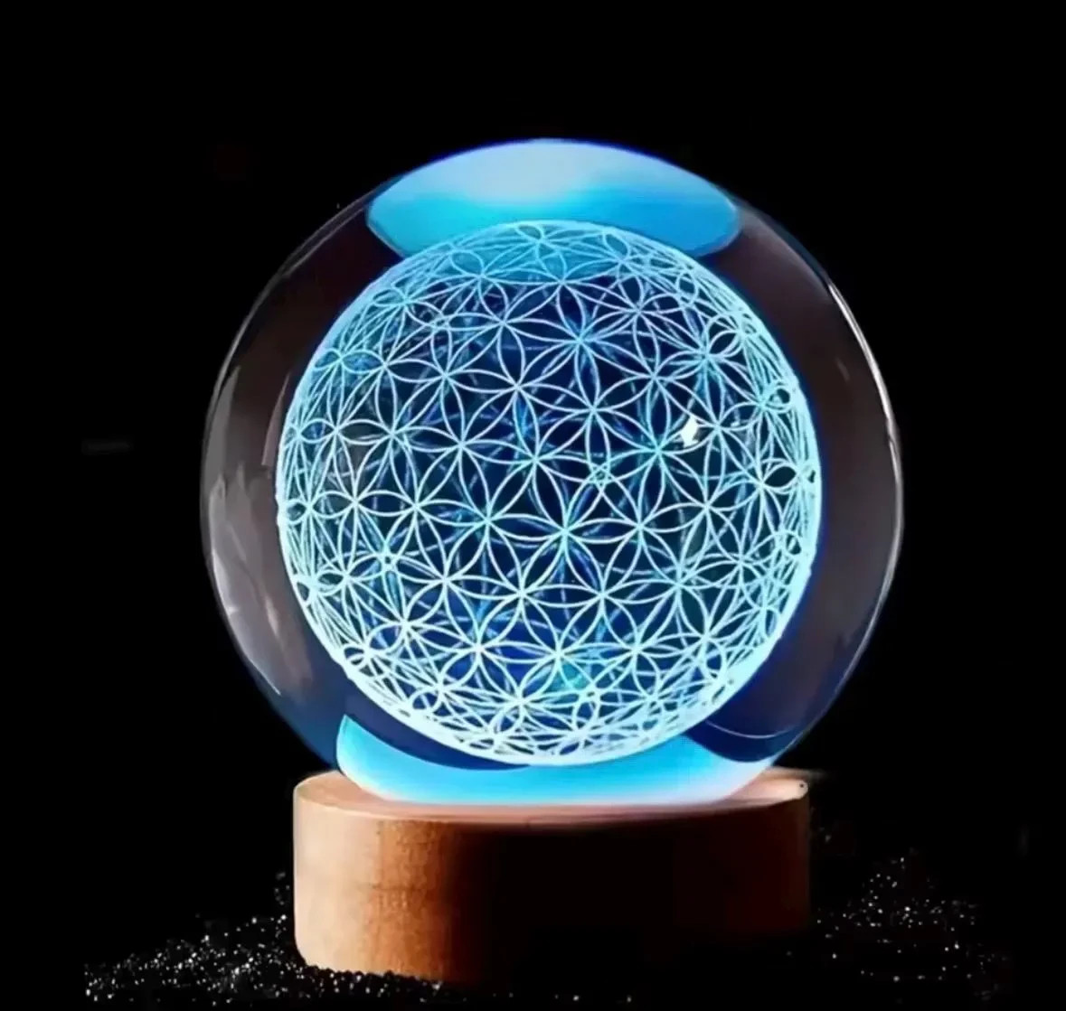 3.15″ Quantum Flower of Life Clear Crystal Sphere Orb Ball, Colored Wooden LED