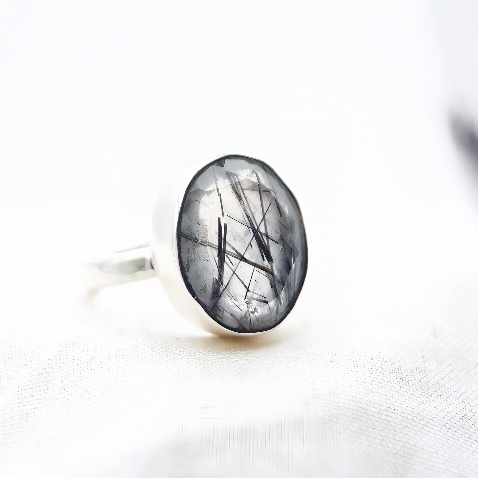Black Tourmaline Quartz Sterling Silver Ring Natural Crystal UK Size P US Size 8