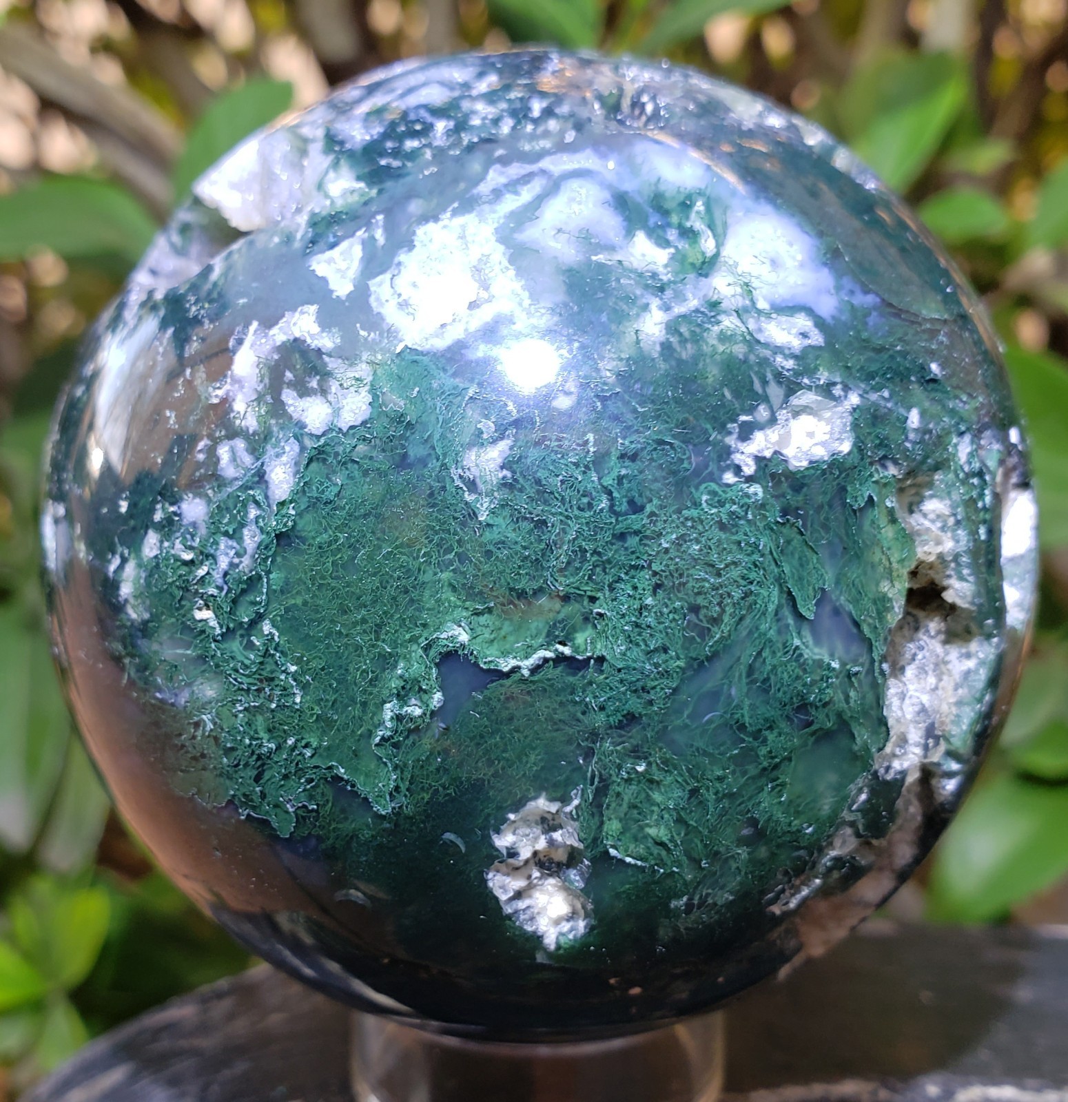 3″ Green Moss Agate Quartz Crystal Mineral Semi-Polished Sphere Ball Orb UV,532g