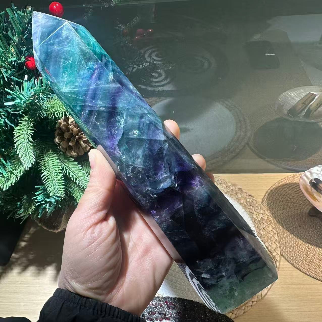 3.14LB 9″ Natural Rainbow Fluorite Tower Obelisk Crystal Healing Quartz Decor