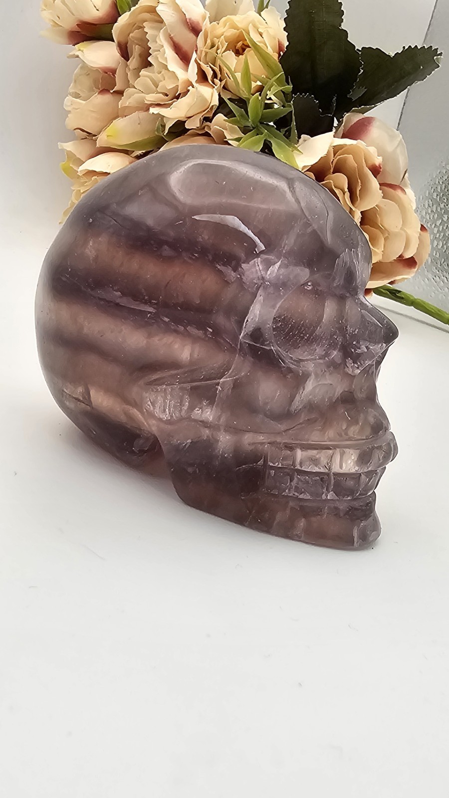 Rainbow purple Fluorite Skull Crystal Carving 369g Purple 7.5 x 6 x4.8cm