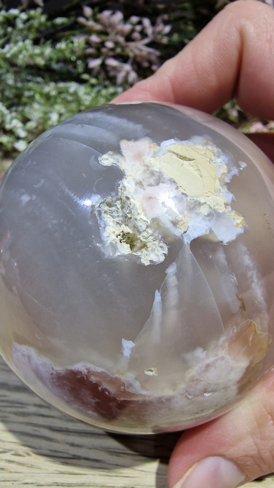 Flower Agate Crystal Sphere 537g 73mm UV Reactive Free Stand