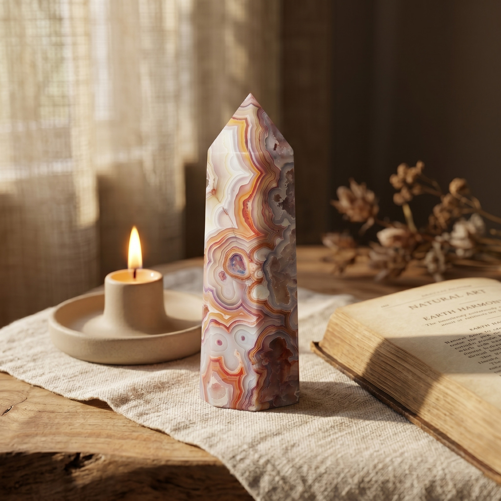 Crazy Lace Agate Crystal Point Tower Natural Stone Home Office Desk Decor Gift