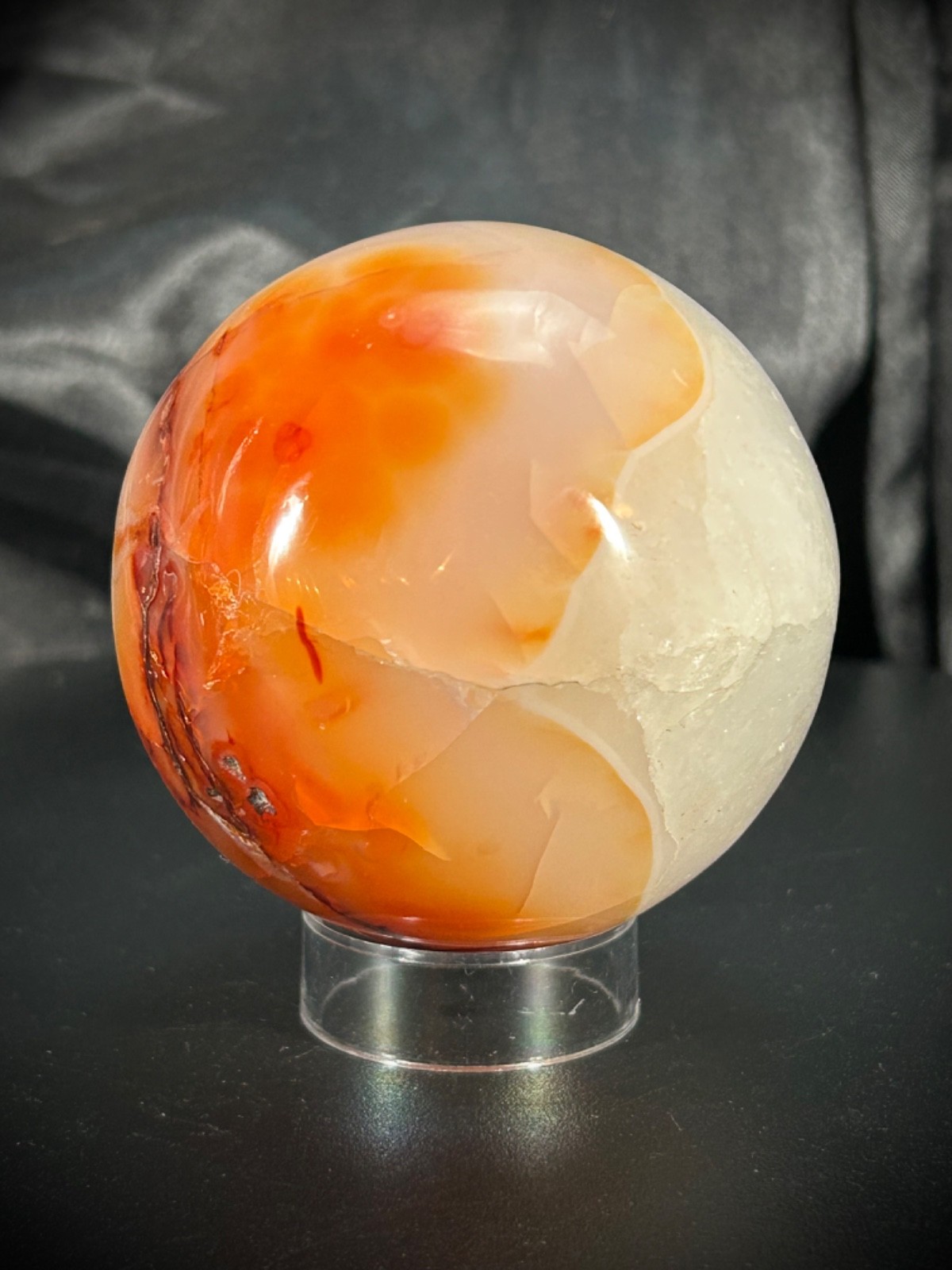 2.6″ Carnelian And Quartz Sphere With Acrylic Stand 14.3oz (405 grams)