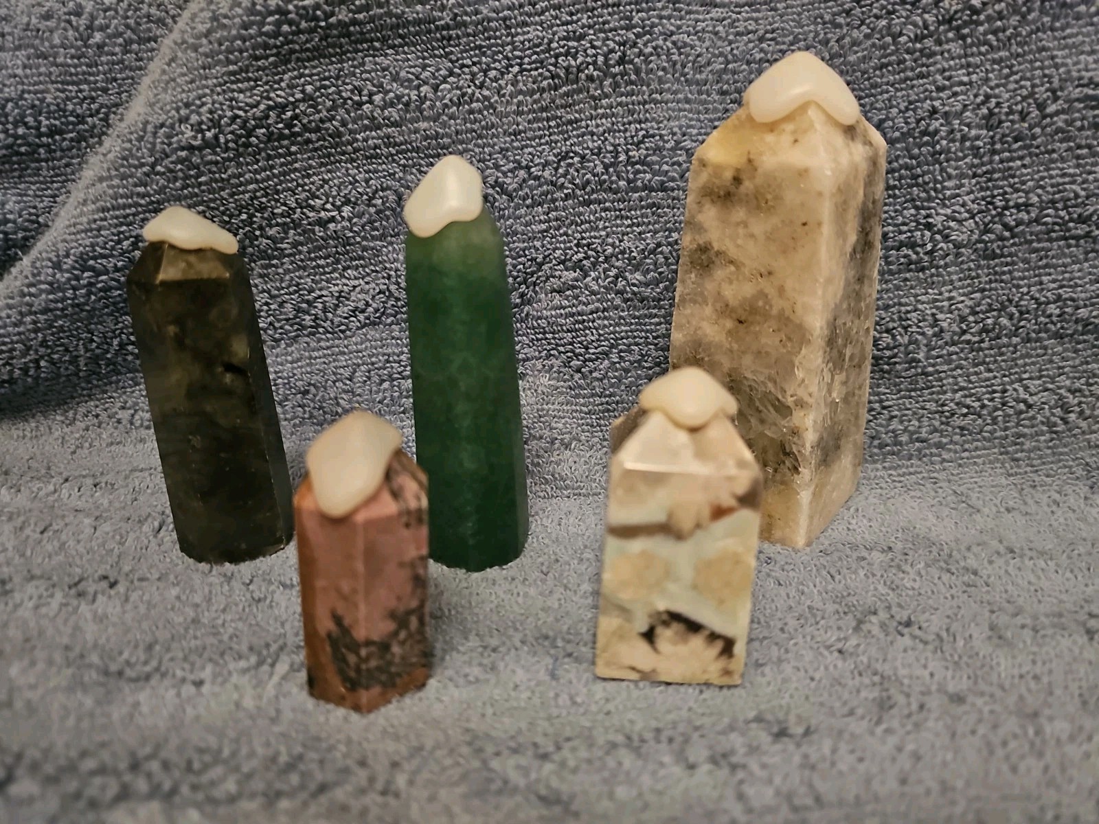 Set Of 5 Polished Crystal Towers Various Sizes