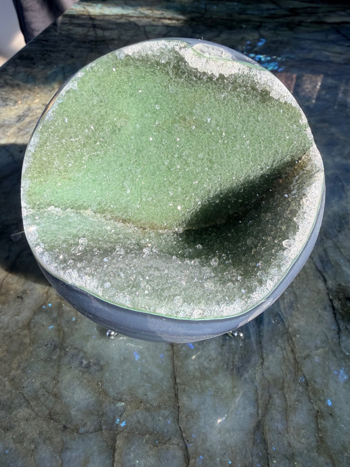 Druzy Green Rainbow Amethyst Sphere with Blue Agate Banding From Uruguay, 4.07″