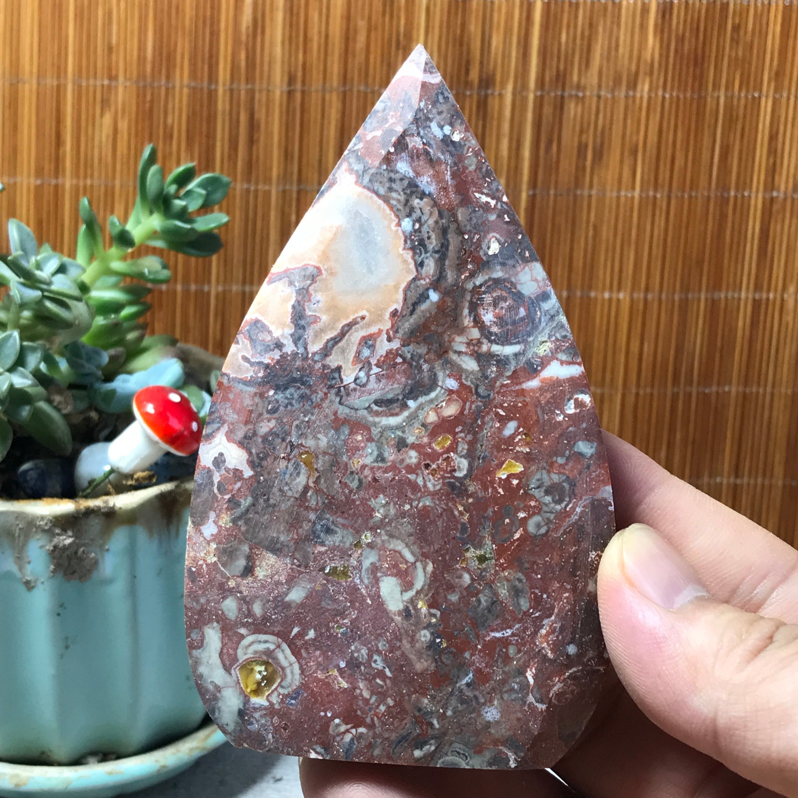 Natural money Mexico agate hand carve leaf Crystal Specimen free standing A6530