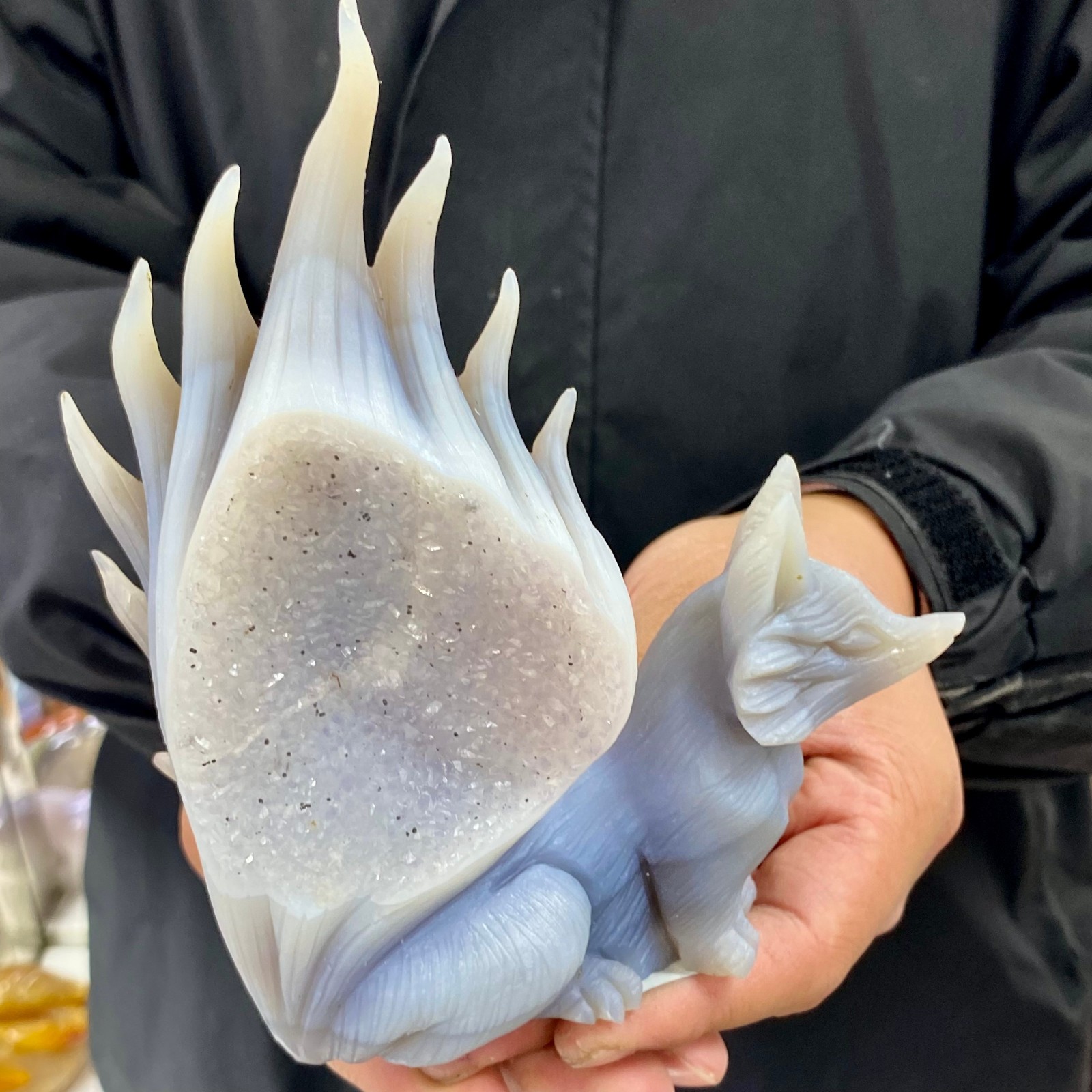 1.47LB Natural Agate Geode Hand Carved Nine-tailed Fox Quartz Crystal Decor