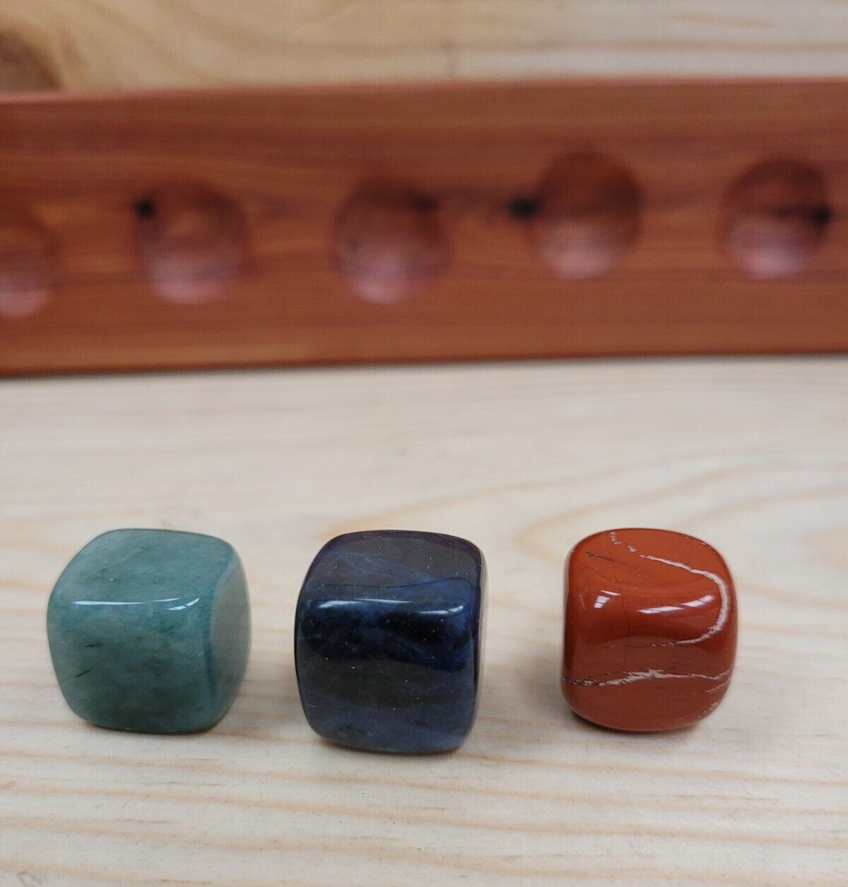 Handmade Wood Base/7 Chakra SquareTumbled Stones/Crystals Set/Pouch/ArtistSigned