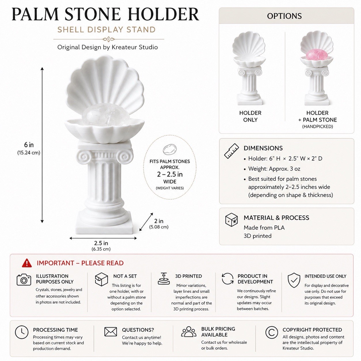 Venus Shell Pedestal Palm Stone Holder with Included Green Opal Crystal