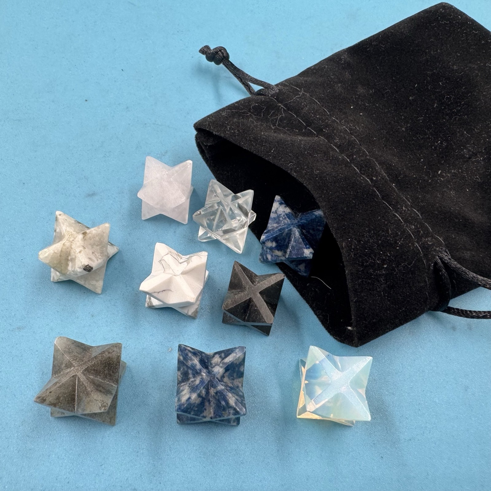 Set of 9 Merkaba Star Crystals in Velvet Gift Bag Mixed Gemstone Collection