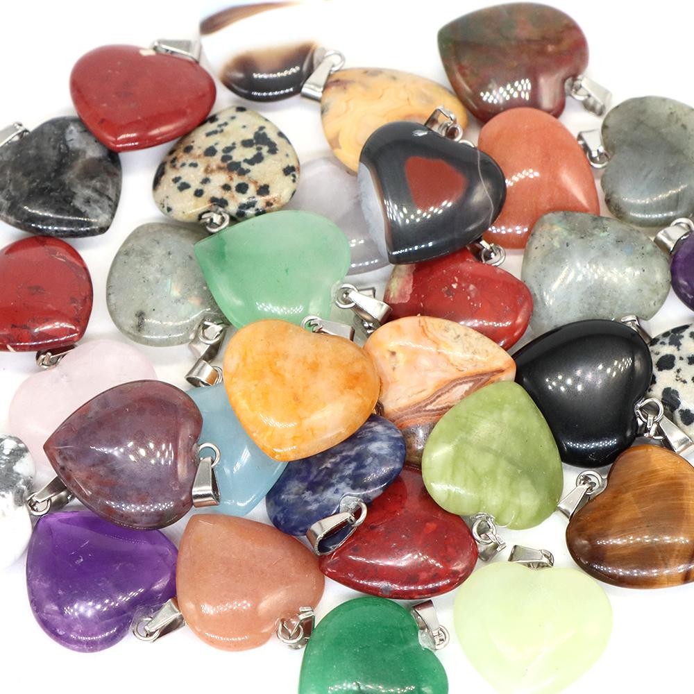 Wholesale 10pcs Assorted Nature Stone Heart Charms Pendants for Jewelry 20mm