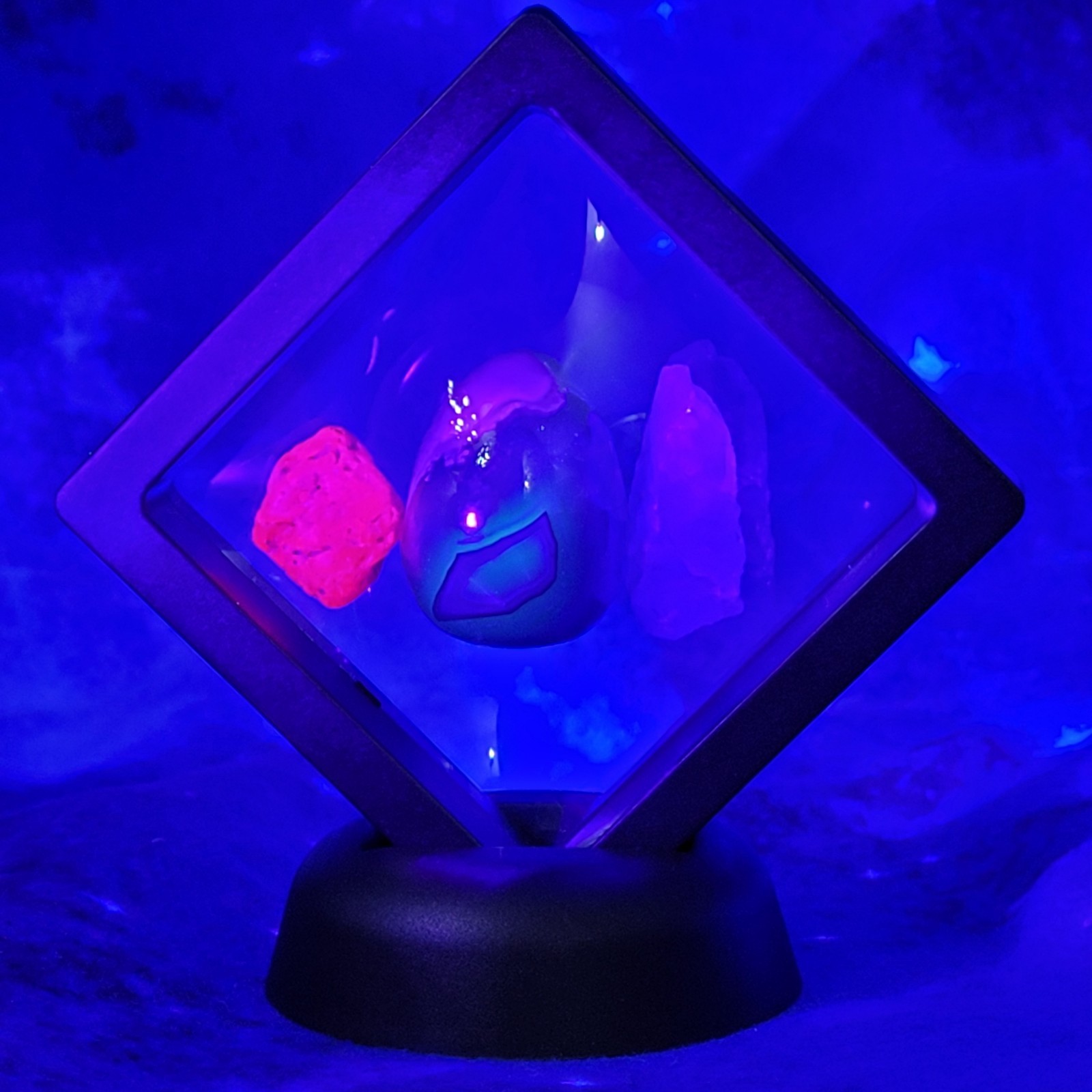 3 UV Glow Reactive Minerals: Ruby, Volcano Agate, Fluorite in Floating Display