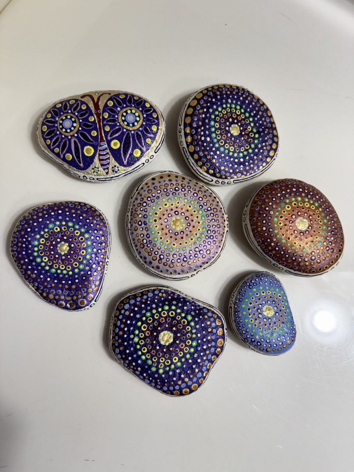 7 Mandala Stones Dot Artwork Rocks Meditation Butterfly Multicolor Hand Painted