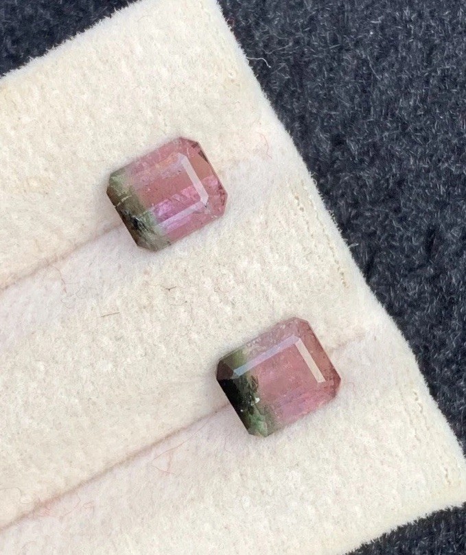 3.10ct natural pink gray & deep green tri colors faceted tourmaline pair