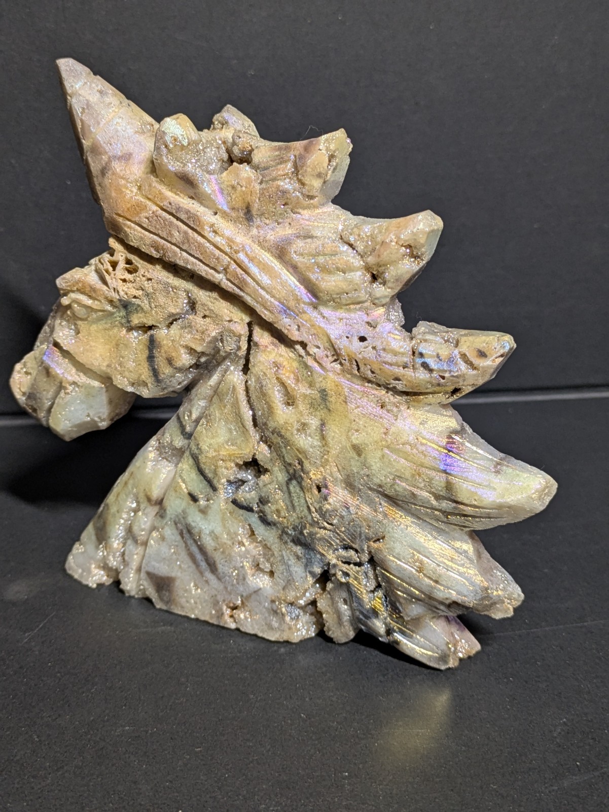 Aura Sphalerite Crystal Unicorn Carving Shiny Blue Purple Pink Gold With Druzies