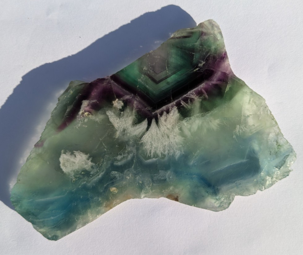 Purple Green Fluorite geometric banding w/snowflake feather slab crystal Unique!