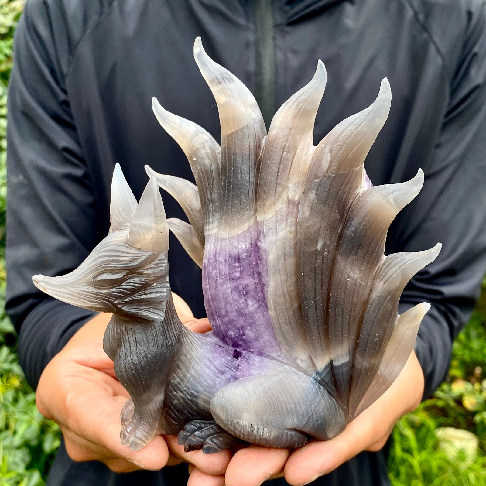 1.4LB Natural Amethyst Geode Hand Carved Nine-tailed Fox Quartz Crystal Decor