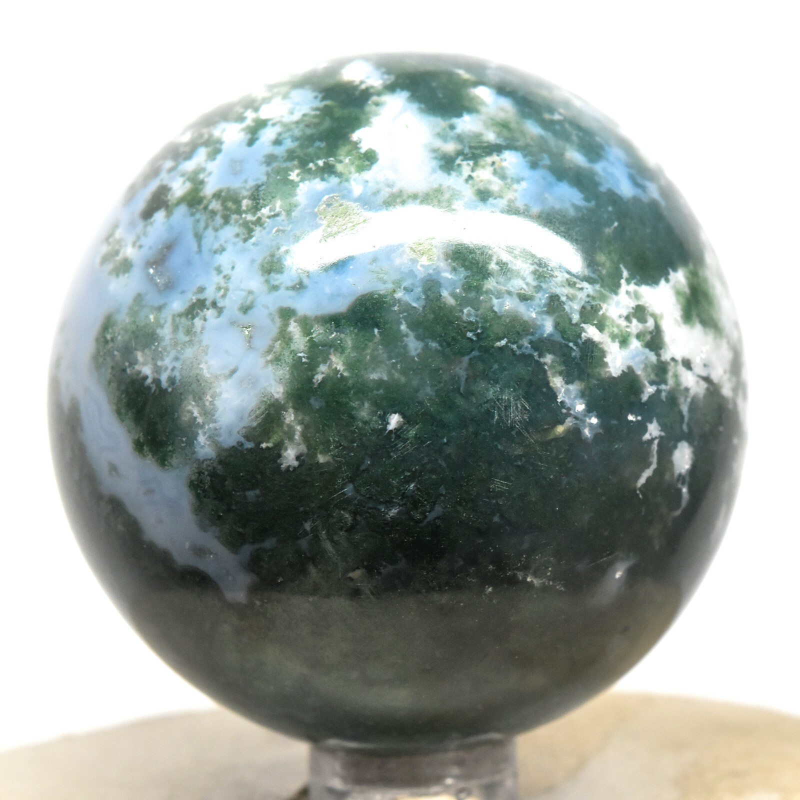 2.1″ White Green Blue Moss Agate Sphere Natural Chalcedony Mineral Stone – India