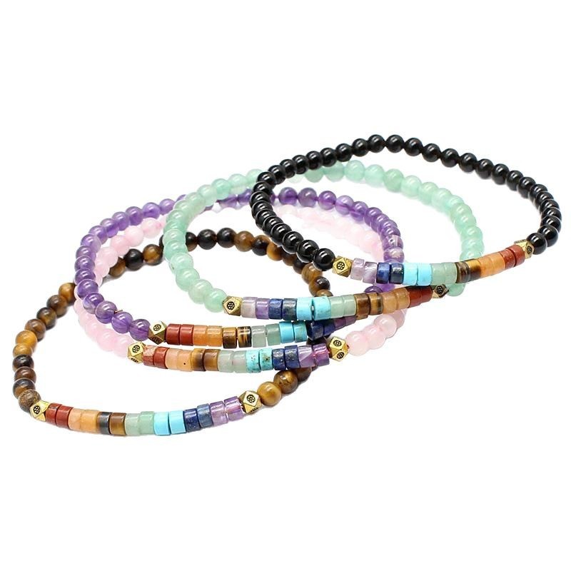 Natural Stone Crystal Seven Color Crystal Round Bead Ethnic Style Bracelet3-5PCS