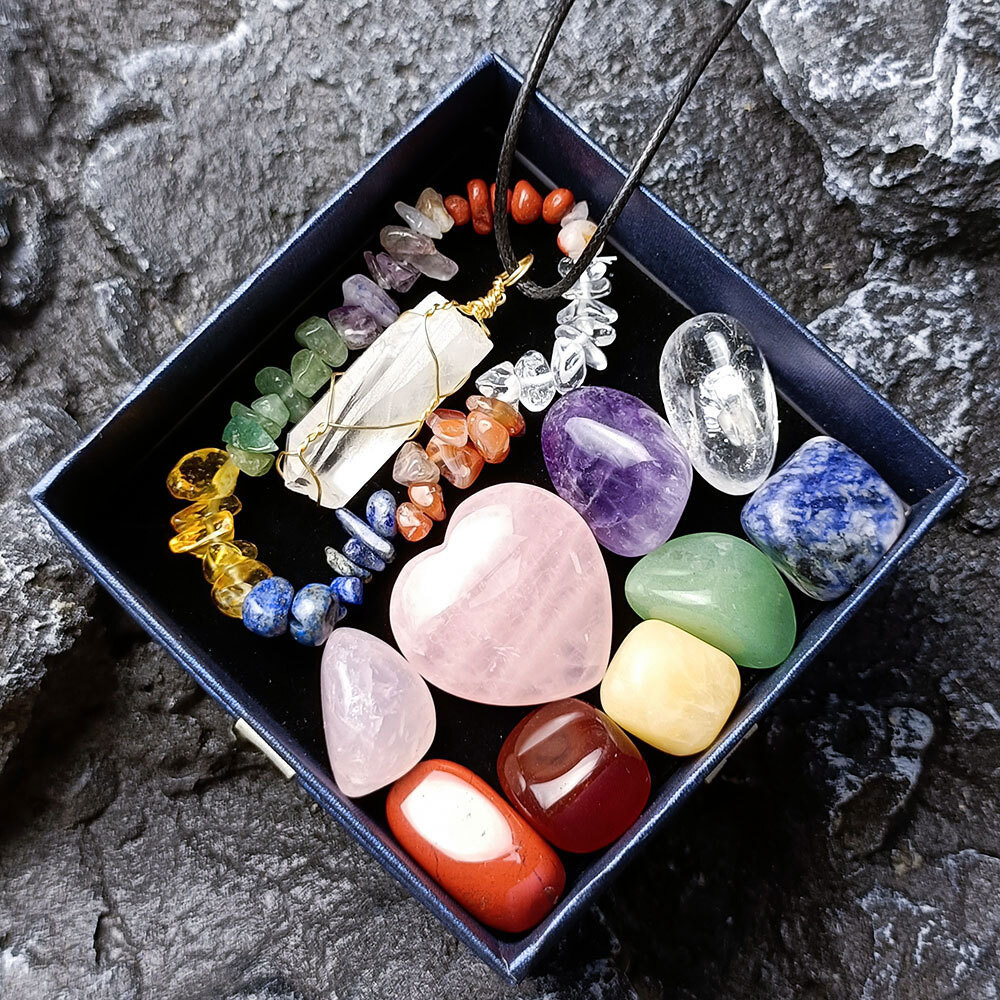 Spiritual Meditation Crystal Heart Healing Crystal 7 Chakra Tumbling Stone Set