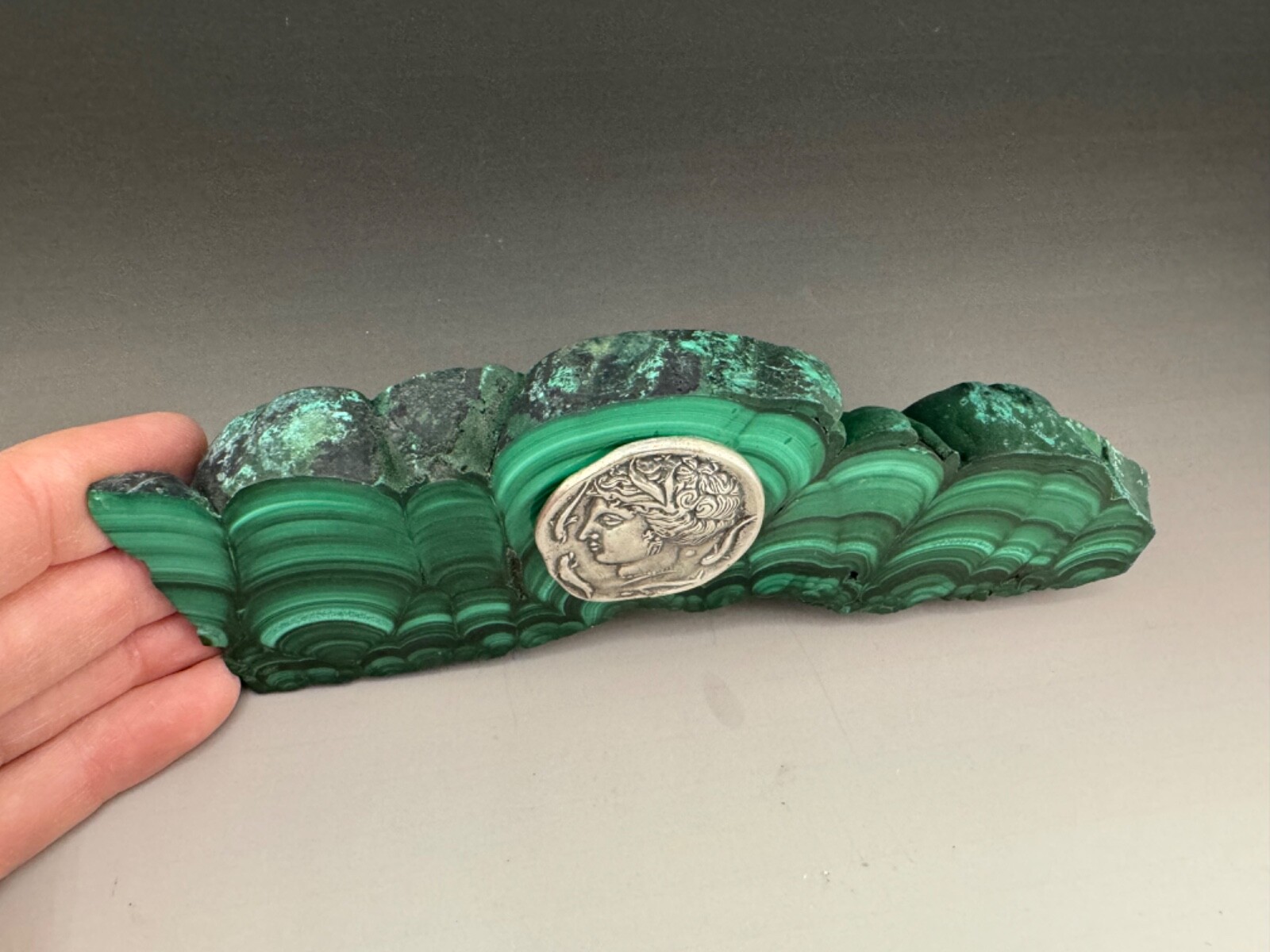 443 gr. Malachite Slab Sterling Silver Coin Paperweight Rock Art Sculpture