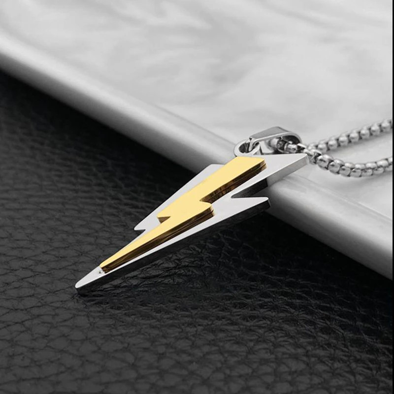 Men’s Fashion Jewelry Silver & Gold Lightning Bolt Pendant Necklace Reiki 1PC