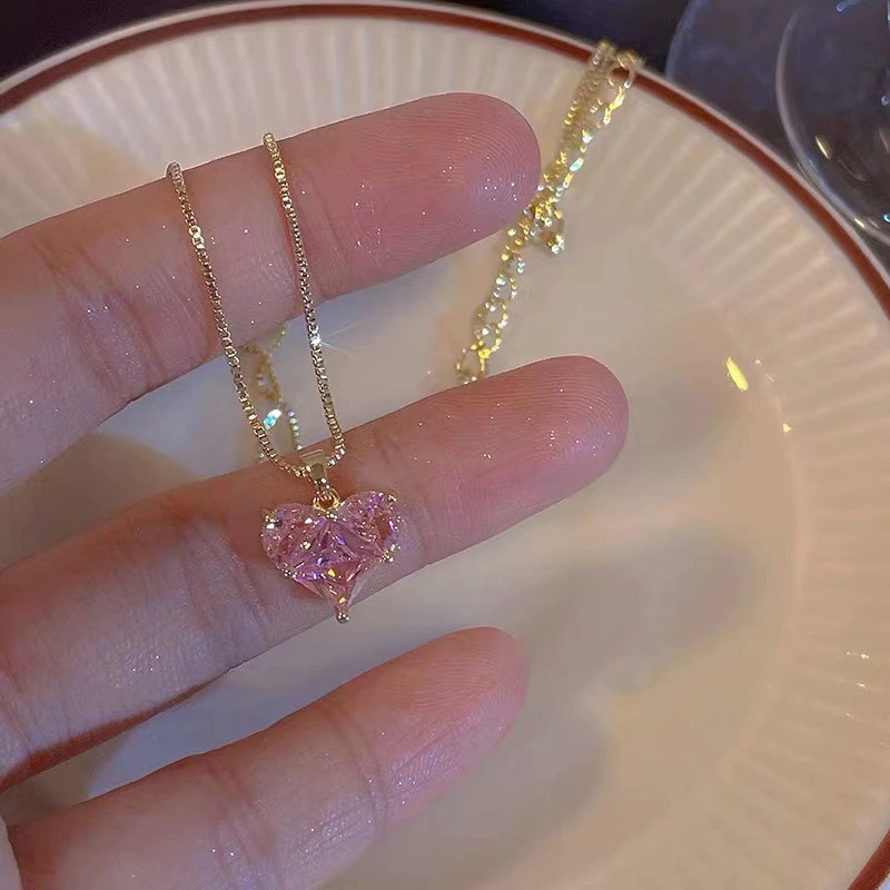 Women’s Fashion Jewelry Gold Pink Rhinestone Heart Pendant Necklace Gift 1PC