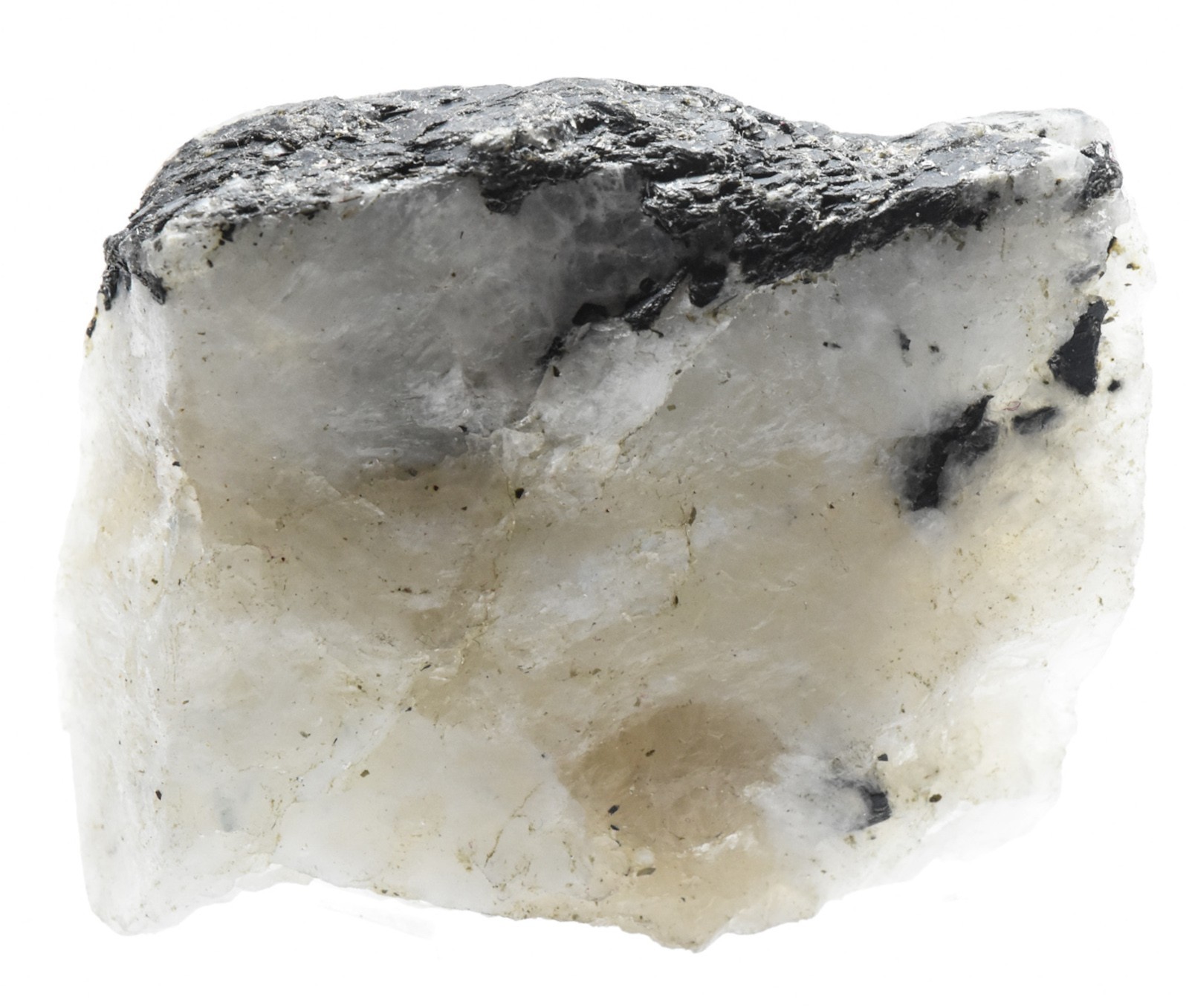 110g White Rainbow Moonstone w/ Black Tourmaline Rough Raw Mineral Stone – India