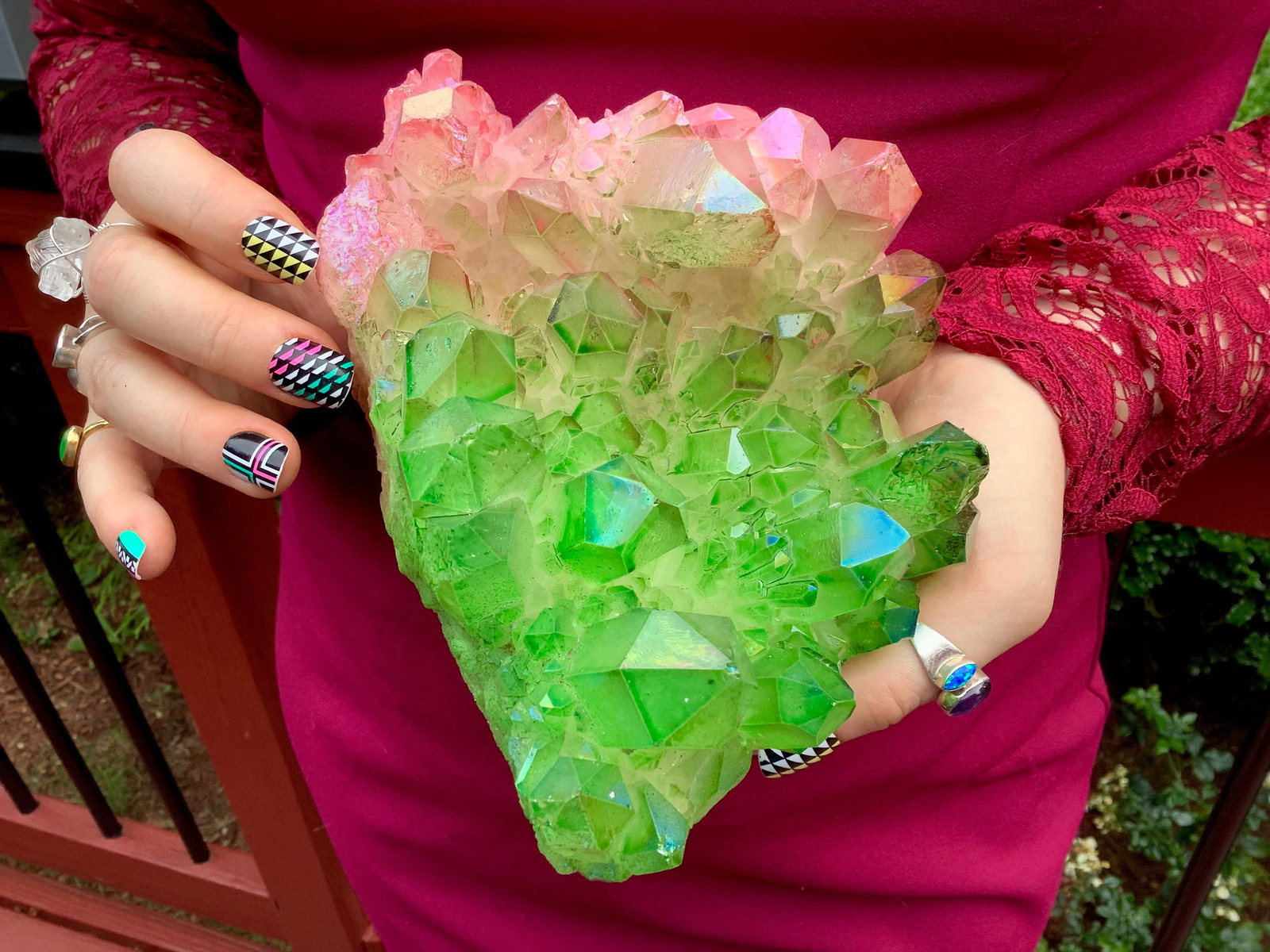 Electric Pink & Green Aura Quartz Crystal Cluster ~ Large 3 Lb. 15 oz. ~ 7″ Lon