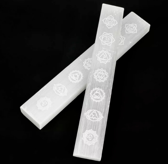 8 ” Polished Selenite Charging Plate XL Engraved Chakra Crystal Display Flat Wan