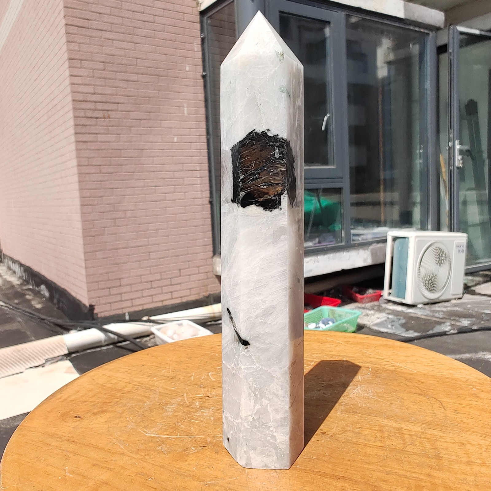 489g Large White Rainbow Moonstone Crystal Obelisk Tower Point Quartz Healing